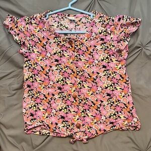 Girls pink and orange floral button down top, size 7/8